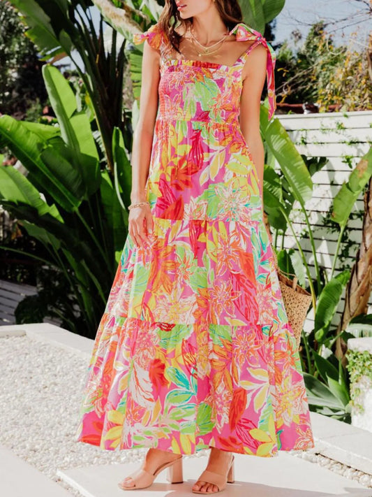 Tropical Print Tie Shoulder Maxi Dress