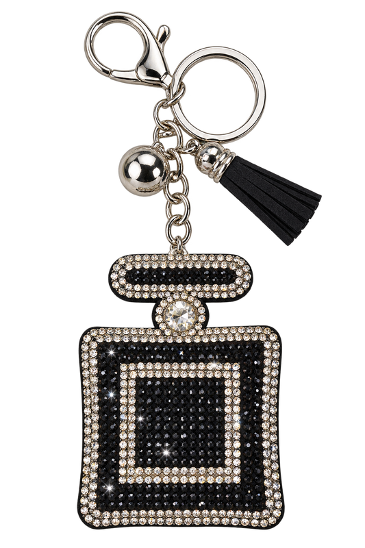 black rhinestone perfume bottle bag charm with black tassel