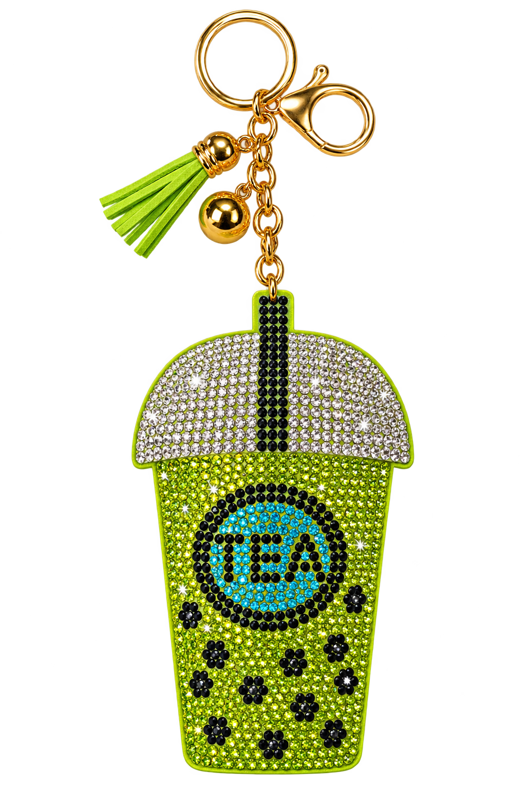 Green rhinestone bubble tea bag charm with matching tassel and gold-tone hardware