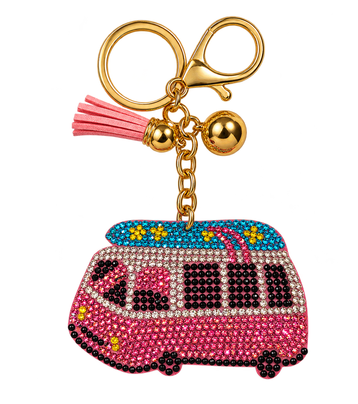 Pink rhinestone camper van bag charm with turquoise surfboard and pink tassel