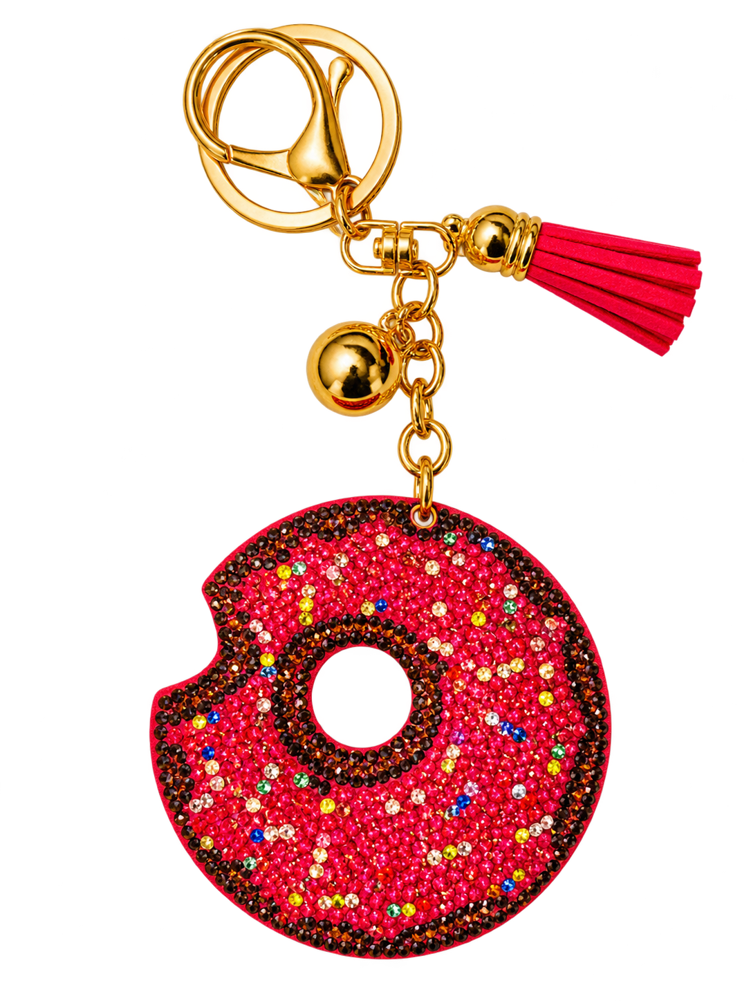 Red rhinestone doughnut bag charm with multicolor sprinkles and red tassel