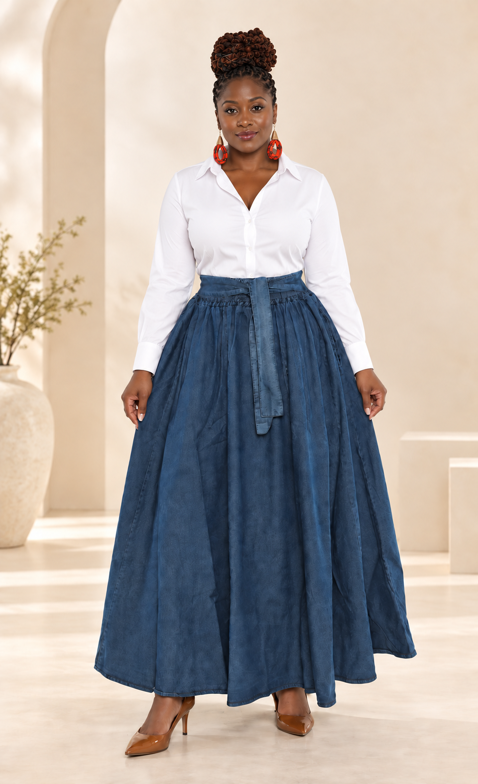 Belted Full Denim Maxi Skirt