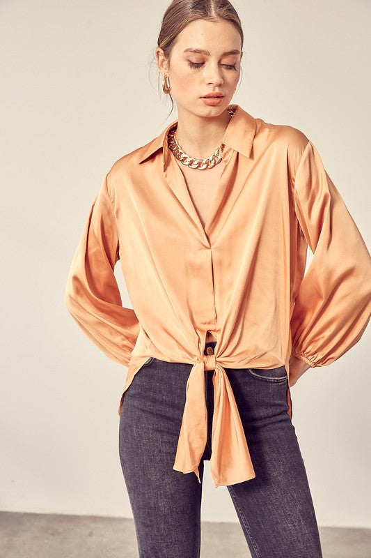 Apricot woven front tie shirt
