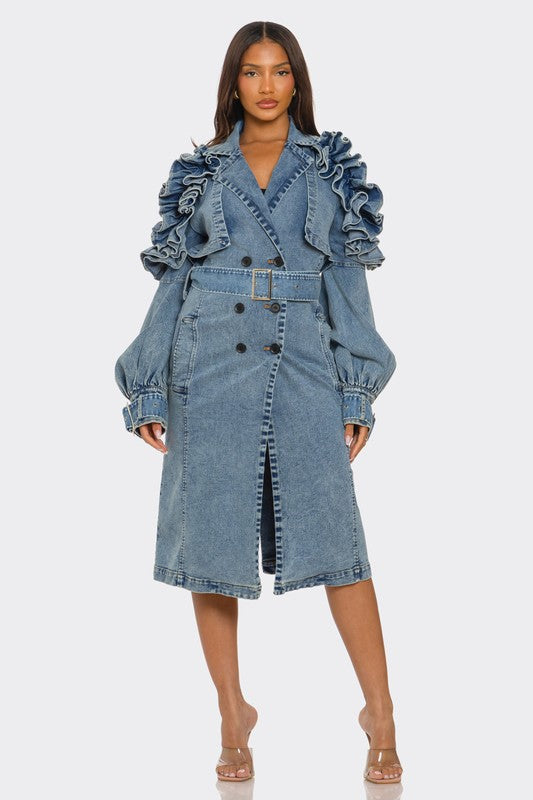 Belted ruffled denim trench coat