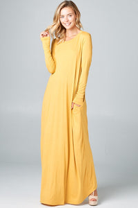 SOLID LONG SLEEVE SIDE POCKET MAXI DRESS