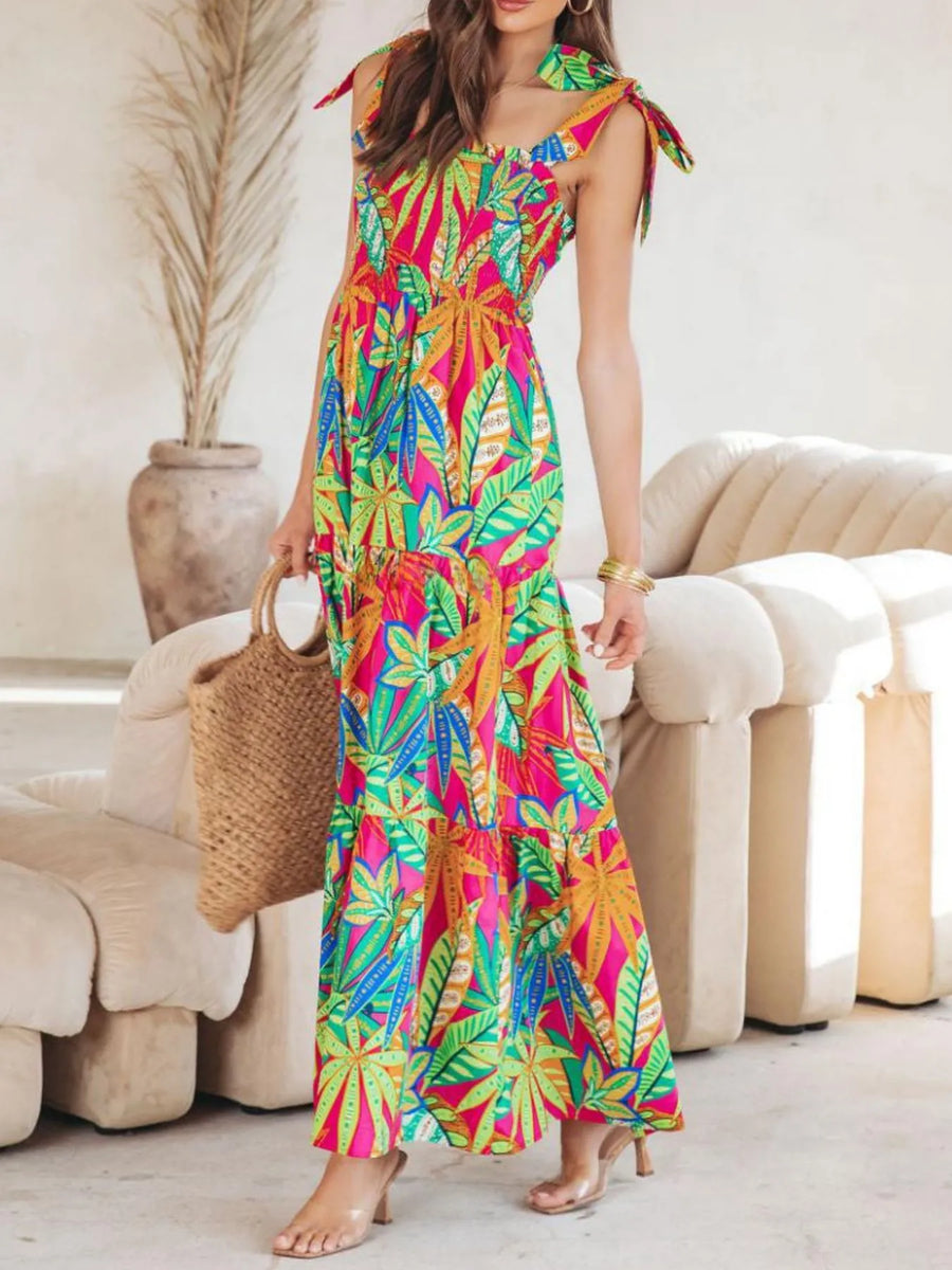 Tropical Print Tie Shoulder Maxi Dress