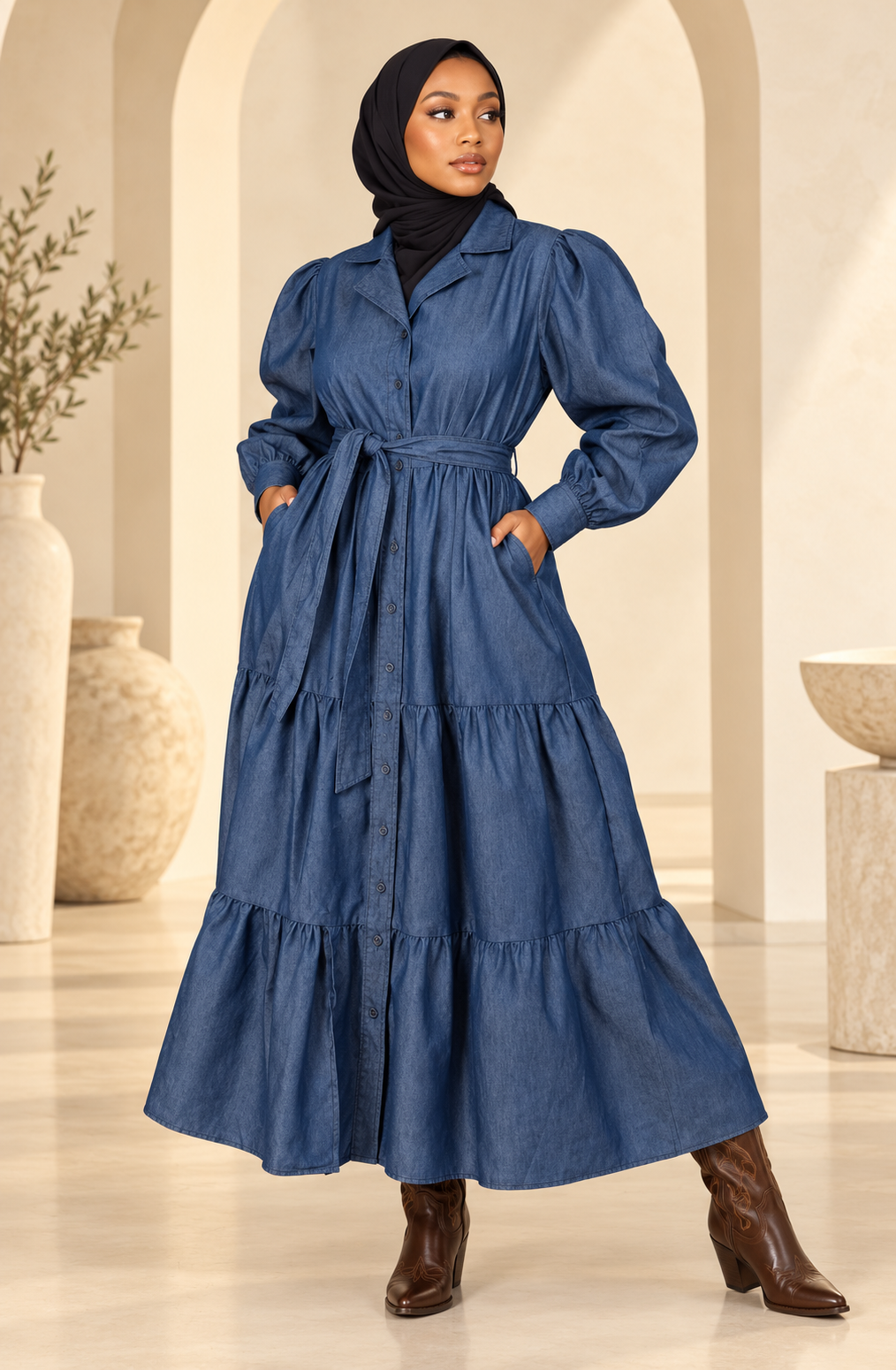 African American Muslim woman modeling a belted button-down denim maxi dress