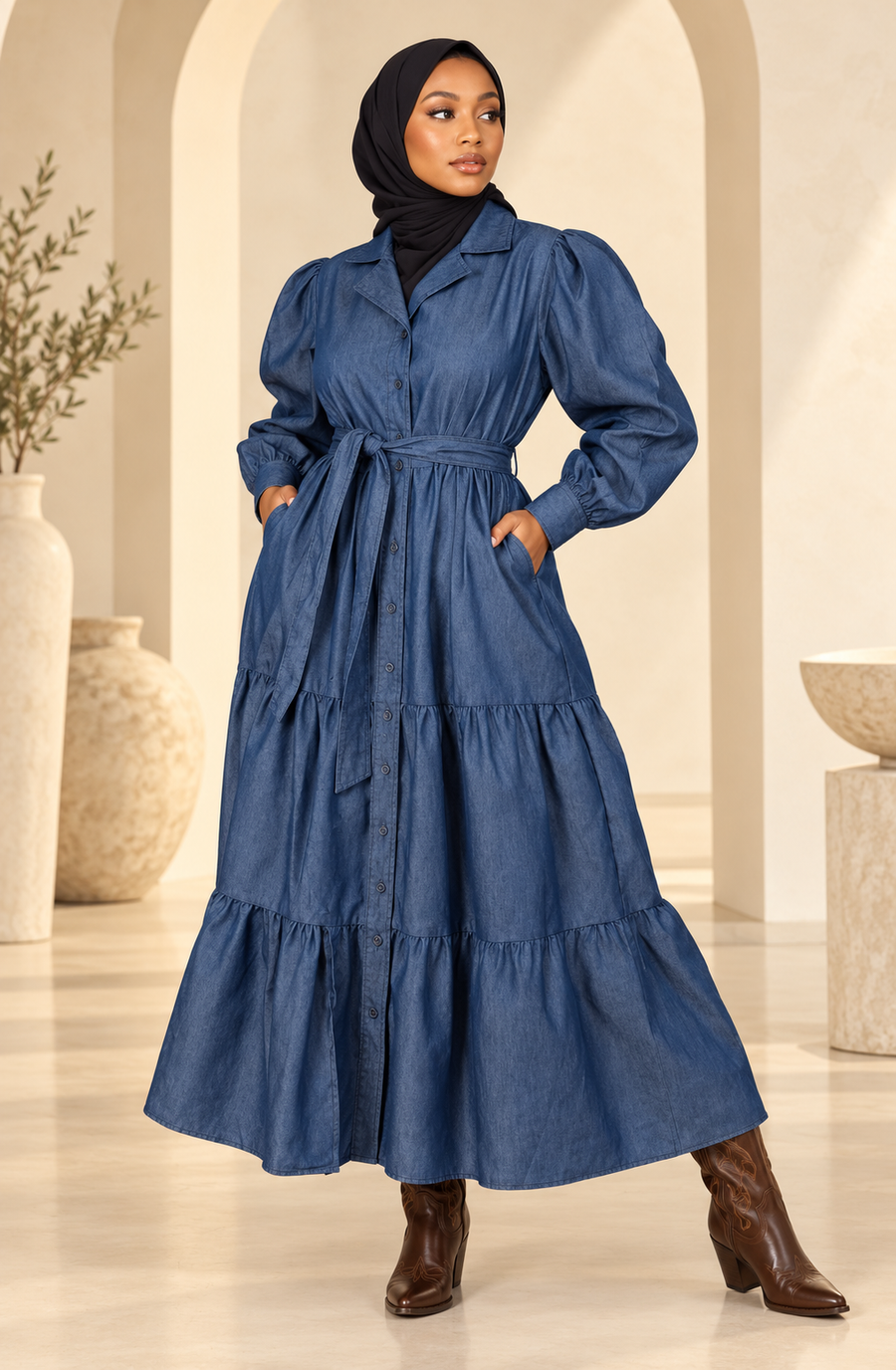 Belted Button-Down Denim Maxi Dress