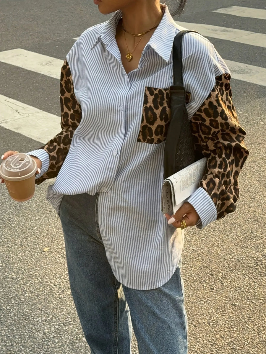 Leopard Print Sleeve Striped Button-Down Shirt