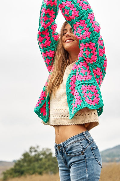 Two-Tone Floral Square Crochet Open Knit Cardigan