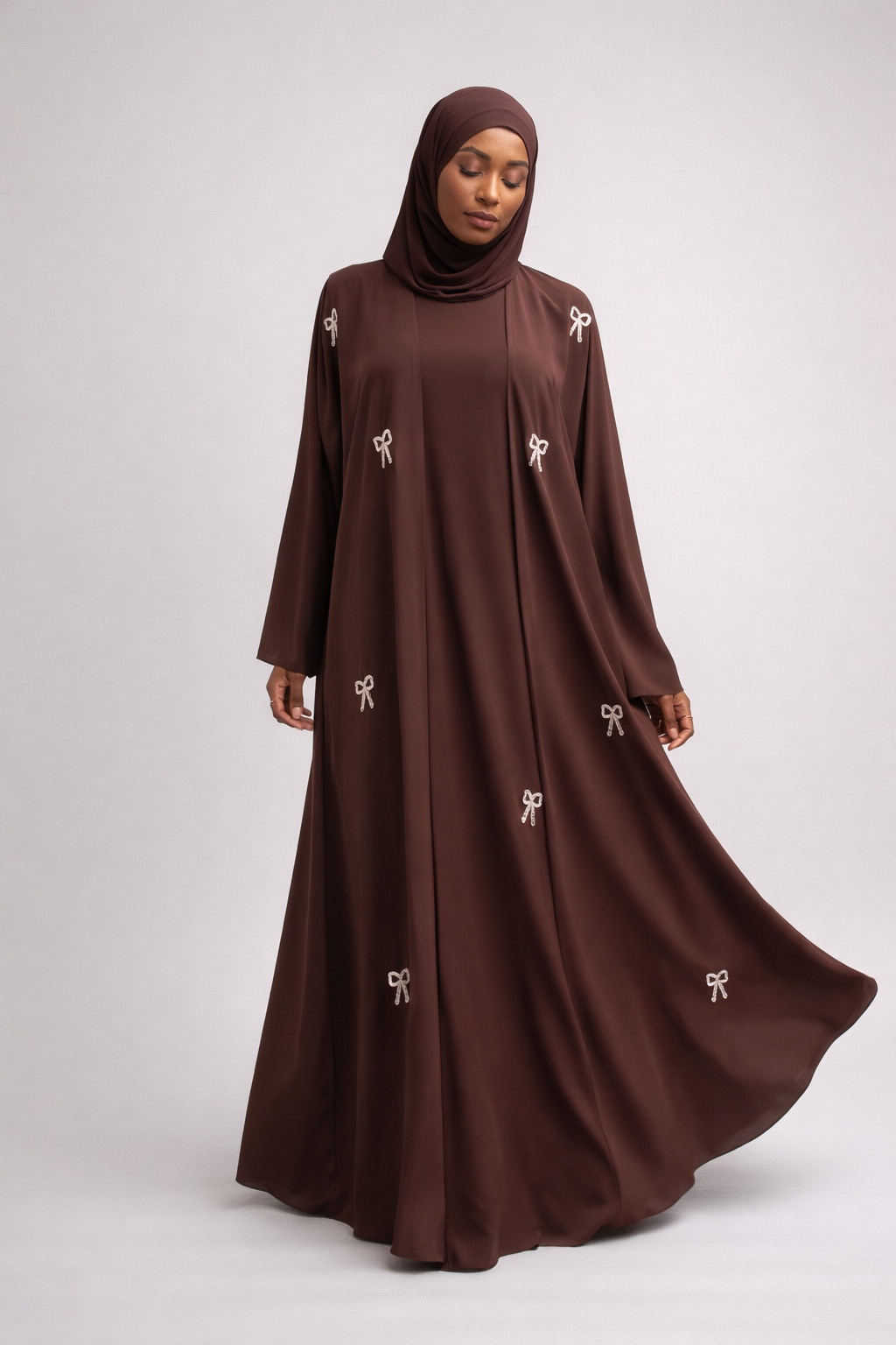 Bow Grace dusty brown embroidered three-piece abaya set
