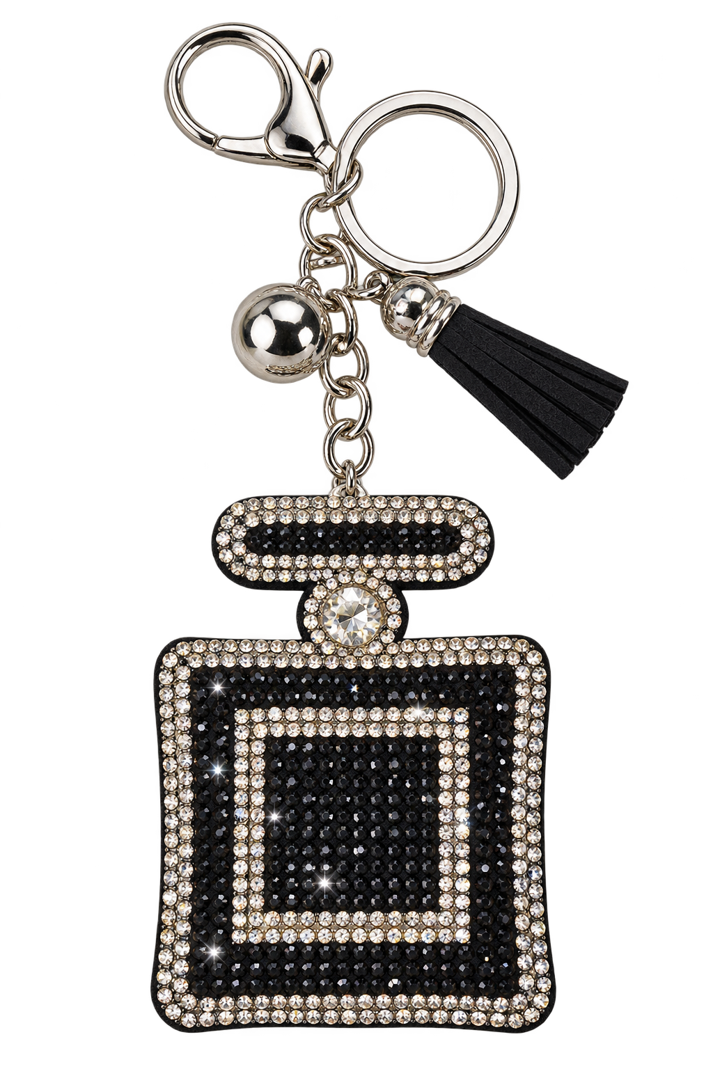 black rhinestone perfume bottle bag charm with black tassel