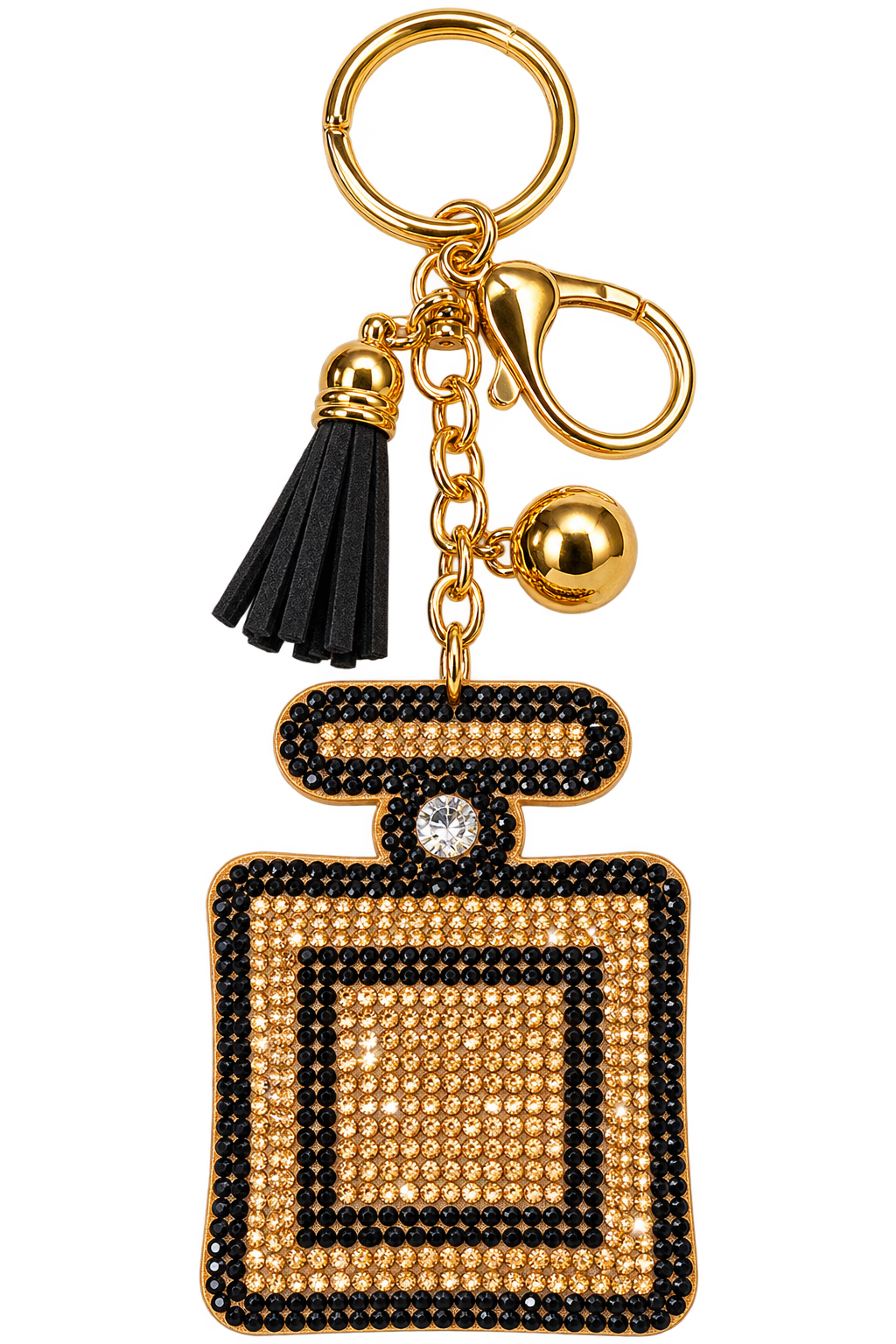 gold rhinestone perfume bottle bag charm with black tassel