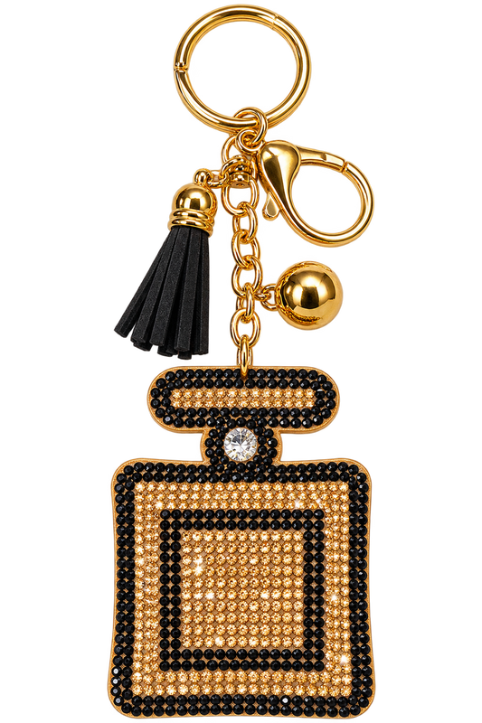 gold rhinestone perfume bottle bag charm with black tassel