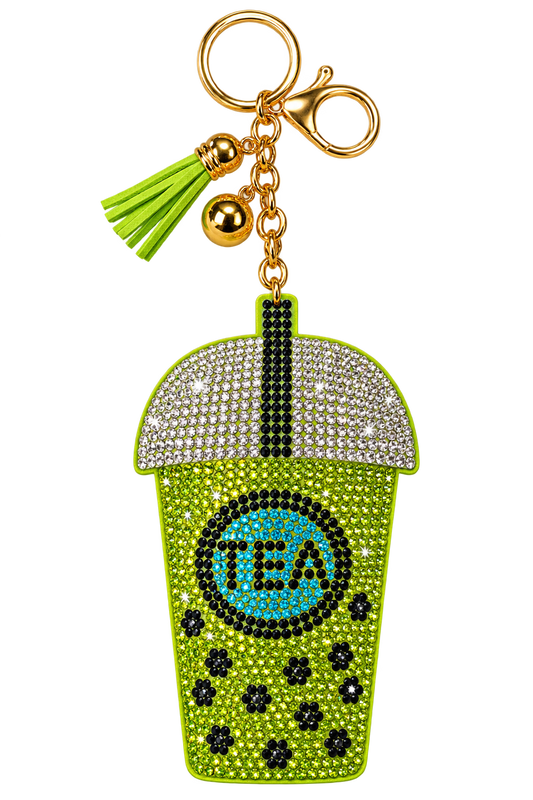 Green rhinestone bubble tea bag charm with matching tassel and gold-tone hardware
