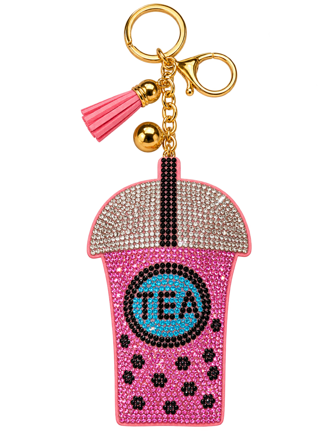 Pink rhinestone bubble tea bag charm with matching tassel and gold-tone hardware