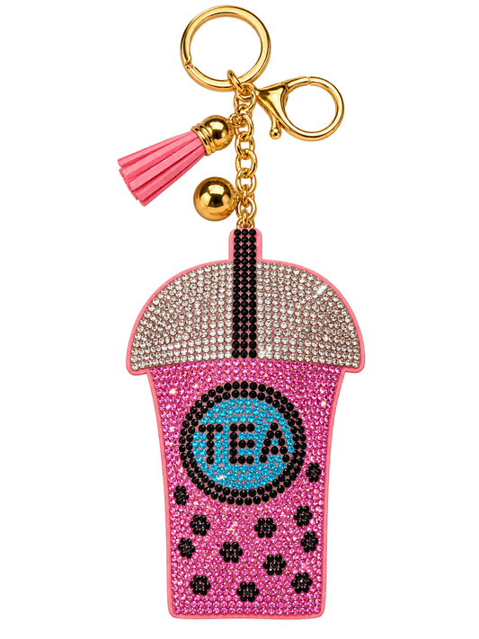 Pink rhinestone bubble tea bag charm with matching tassel and gold-tone hardware