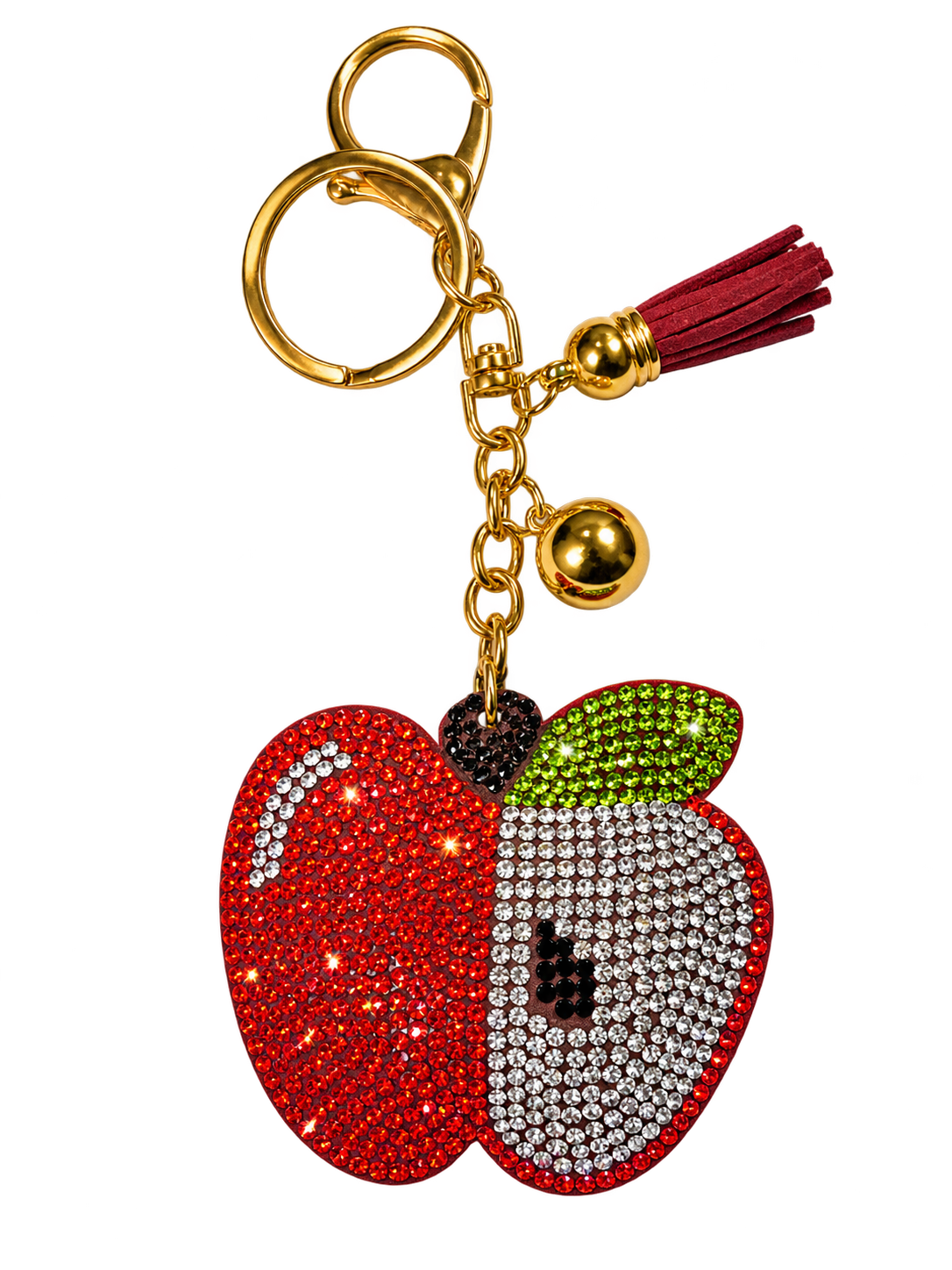Red and silver rhinestone apple bag charm with green leaf and burgundy tassel