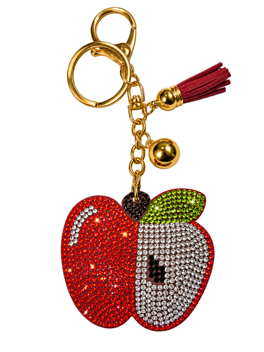 Red and silver rhinestone apple bag charm with green leaf and burgundy tassel