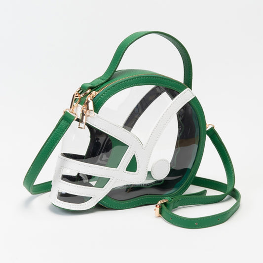Green and white football helmet-shaped clear handbag with gold-tone hardware