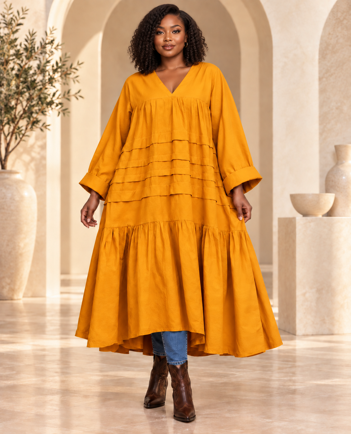 Golden mustard layered maxi dress styled over blue jeans with brown cowboy boots