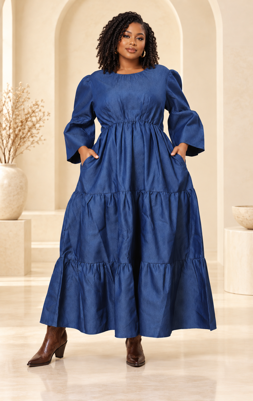 Tiered Bell-Sleeve Denim Maxi Dress