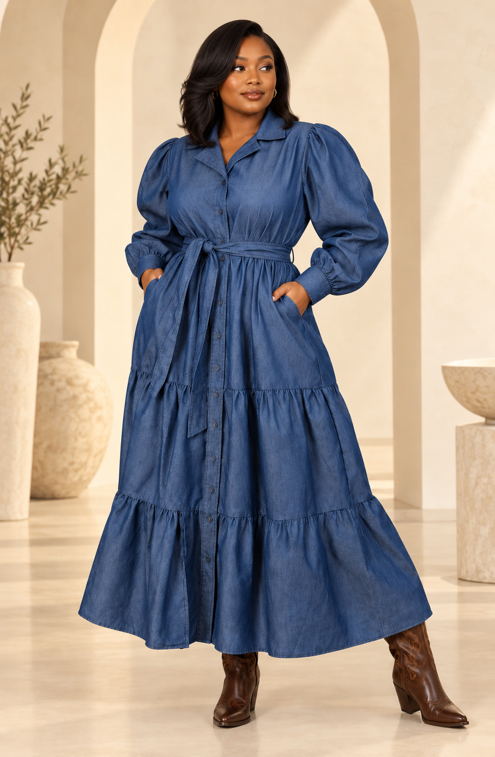 Belted Button-Down Denim Maxi Dress
