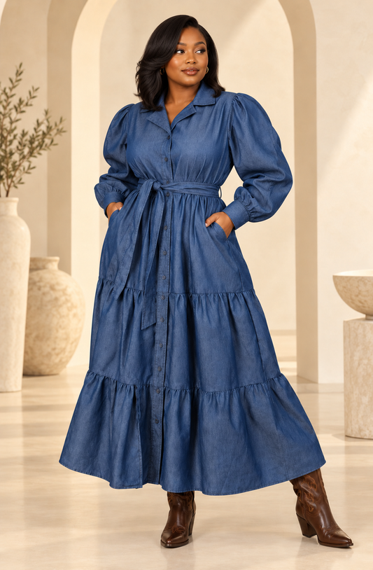 Belted Button-Down Denim Maxi Dress