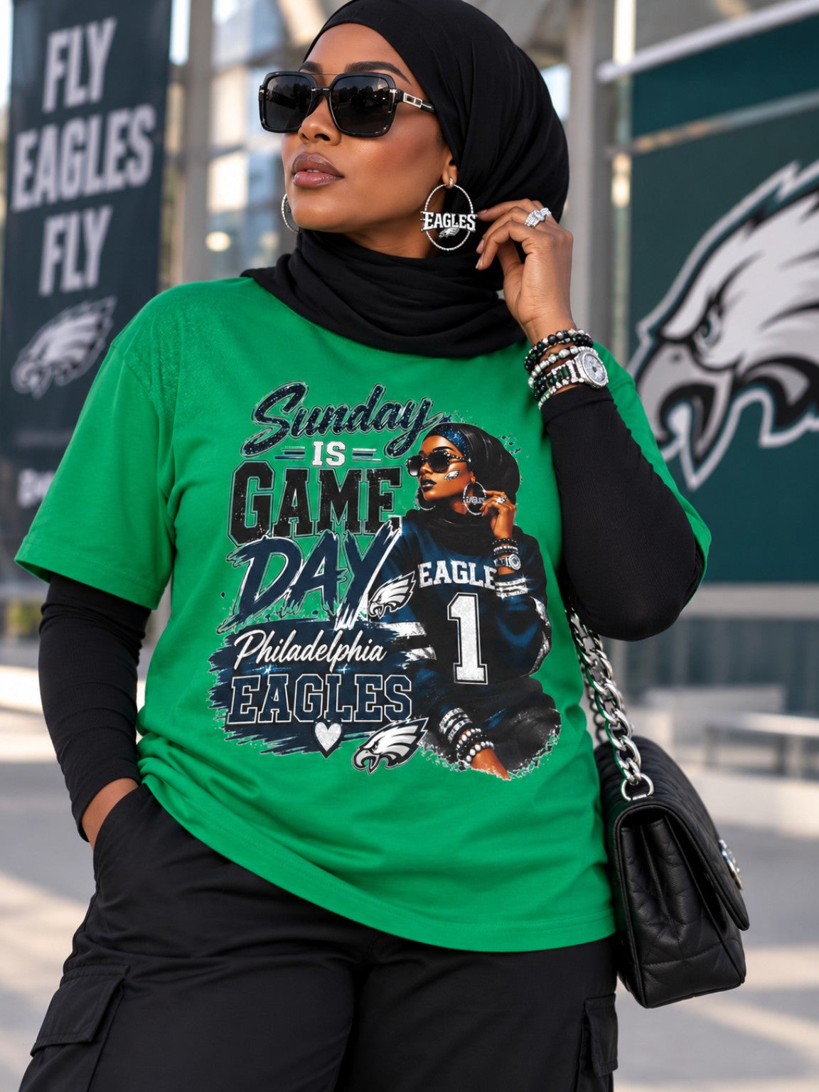 Sunday Is Game Day Philadelphia Eagles graphic shown on a Kelly green T-shirt