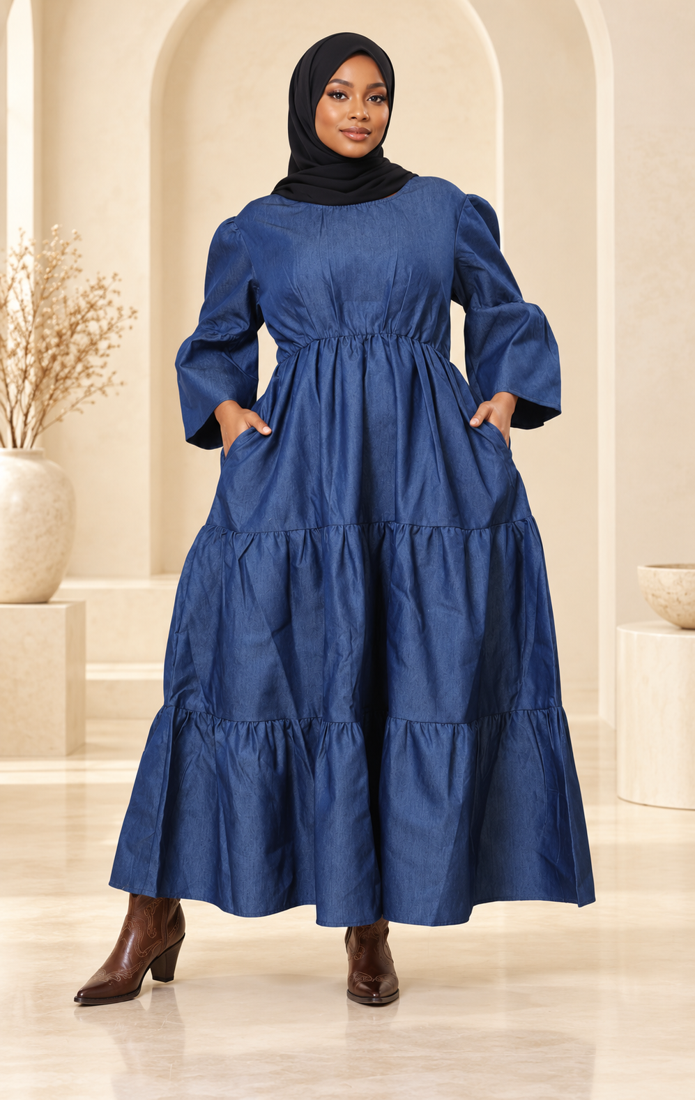 African American Muslim woman modeling a tiered blue denim maxi dress with bell sleeves