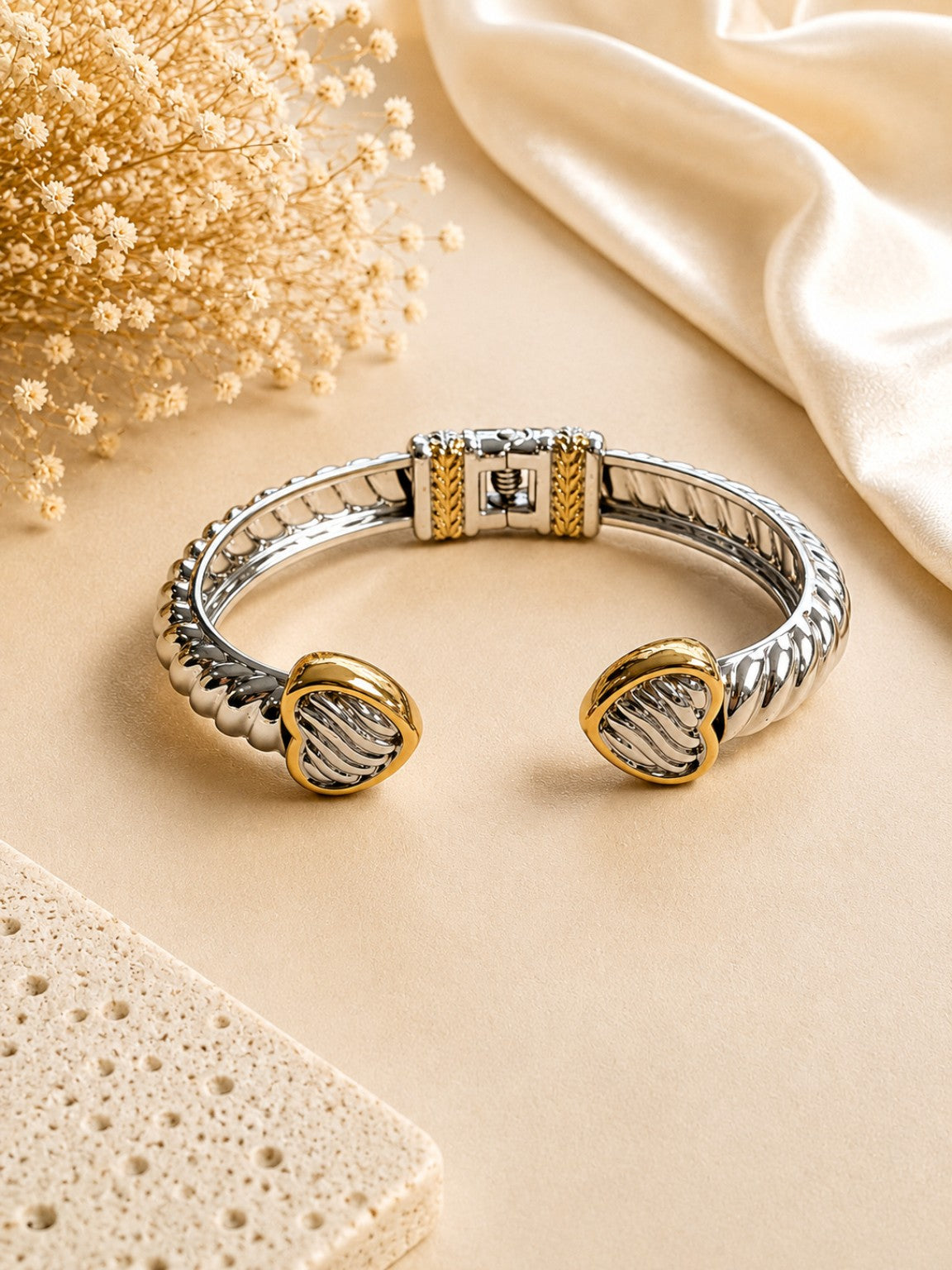Two-tone silver and gold heart cuff bracelet